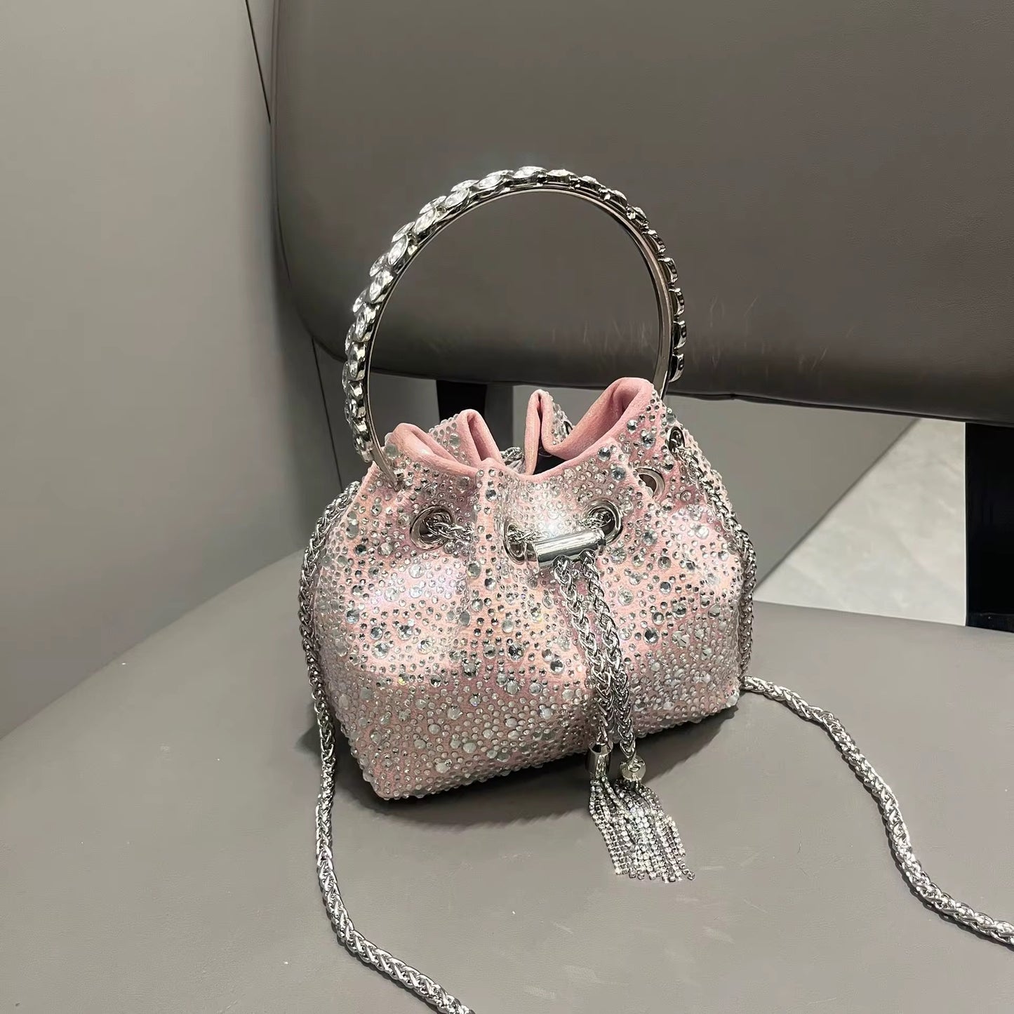 BABY PINK RHINESTONE BUCKET BAG